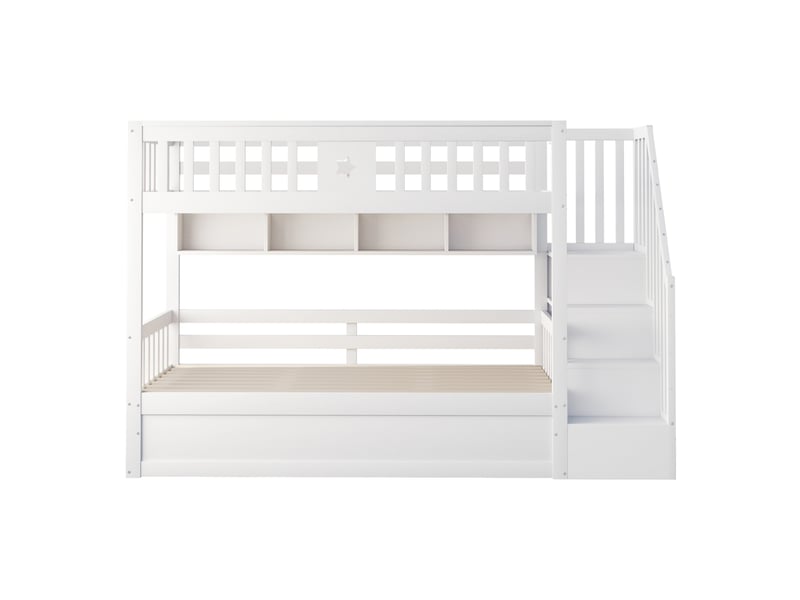  Lit mezzanine avec rangement hydraulique, bois blanc, 90x200 cm, escalier-rangement et étagères  - Conforama A