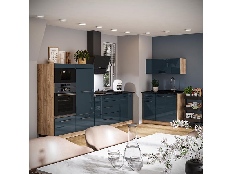  Vicco cuisine, bleu foncé brillantchêne de force doré, 380cm, pt marbre  - Conforama C