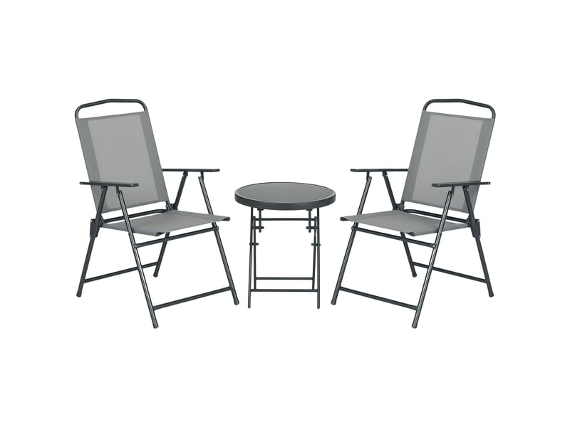 Ensemble de jardin 3 pièces comprenant 2 chaises (53,5 x 64 x 93 cm) et une table basse (ø 45 x 50 cm), en métal gris clair. - Conforama A