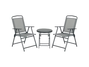 Ensemble de jardin 3 pièces comprenant 2 chaises (53,5 x 64 x 93 cm) et une table basse (ø 45 x 50 cm), en métal gris clair.