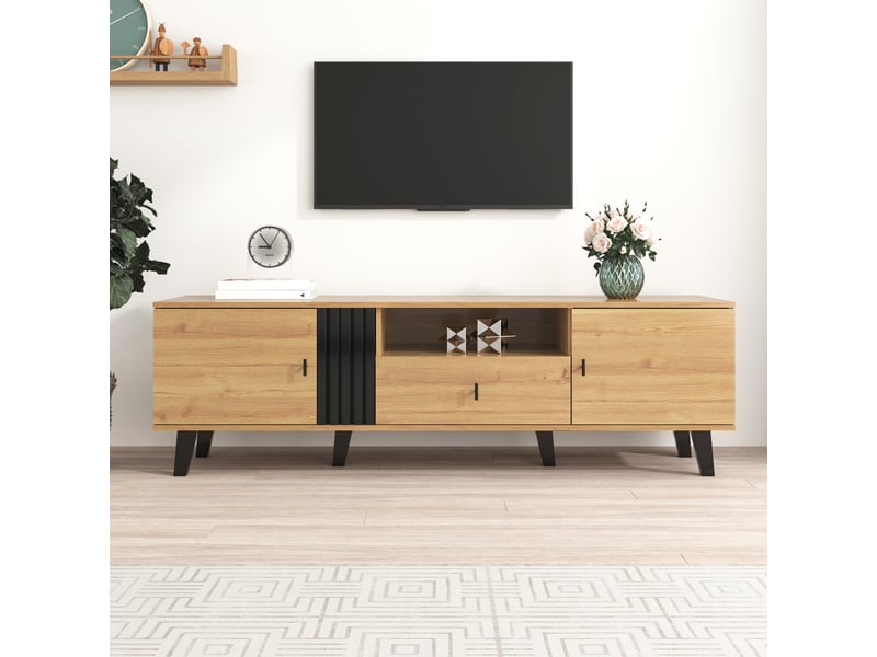  Meuble tv 170 cm avec tiroirs et portes, rangement spacieux, bois et noir, panneaux de particules  - Conforama B