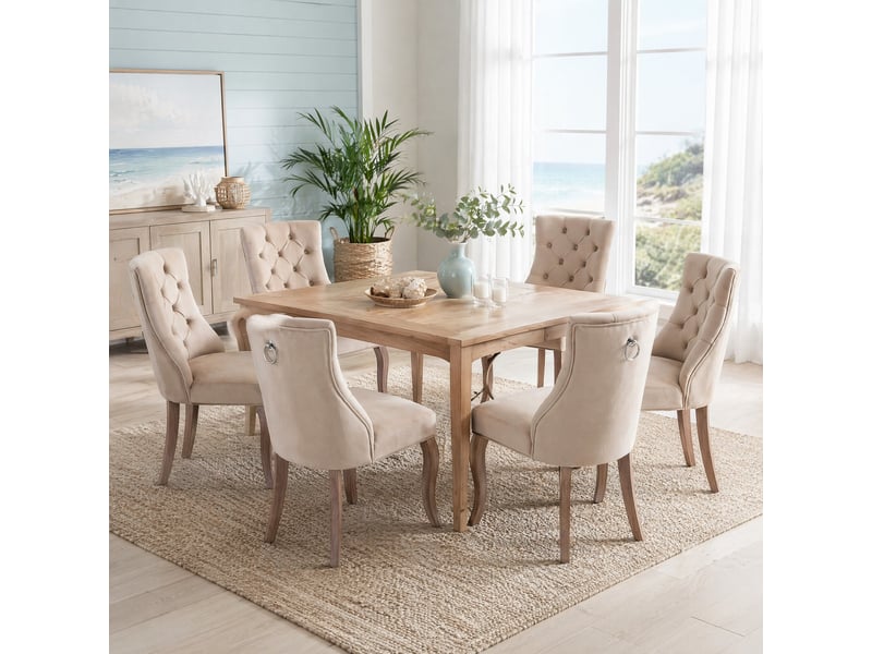  Chaise de salle à manger lot de 6 avec dossier haut capitonné, pieds en bois massif, velours beige, 97×51×47 cm  - Conforama C