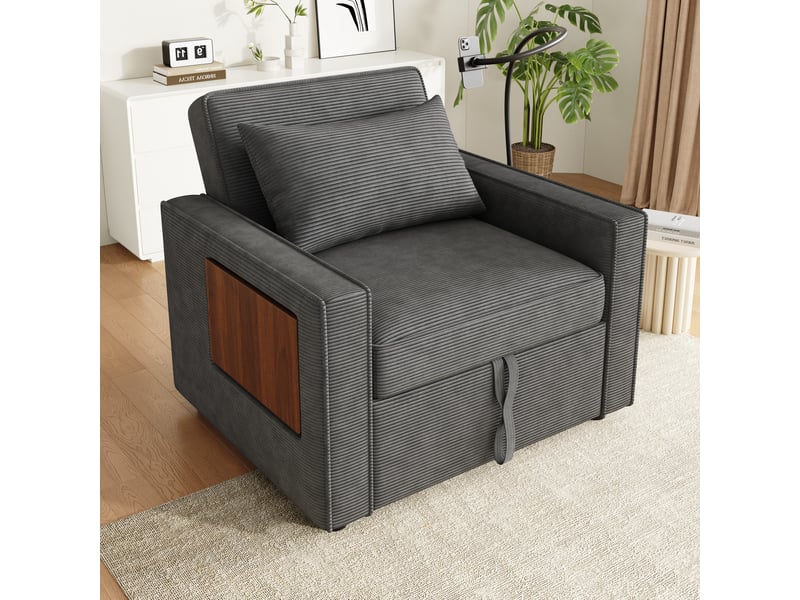  Canapé fauteuil convertible 1 place avec fonction lit, dossier réglable, support téléphone 360°, ports usbtype-c, table d’appoint, poches de rangement, tissu côtelé - gris  - Conforama C
