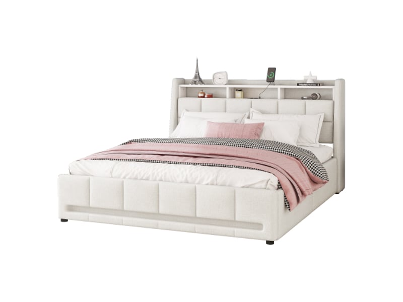  Lit capitonné, 140 x 200 cm, sans matelas, avec télécommande via application, éclairage led, tiroirs avec prises et ports usb, compartiment de rangement intégré, linge de lit, beige  - Conforama A