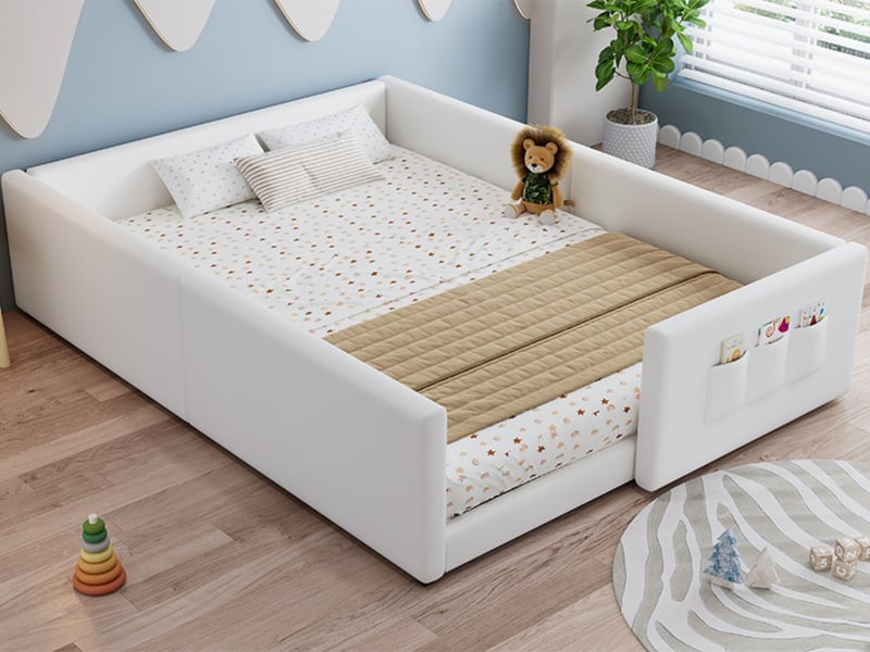 Lit rembourré 140 x 200 cm, lit enfant simple avec 3 poches de rangement pratiques, pu + contreplaqué, blanc  - Conforama B