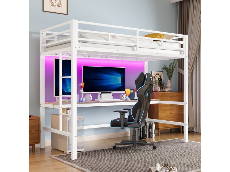  Lit superposé enfant 90*200 cm, coloris blanc, sans matelas, cadre en métal, ruban led, ports usb, garde-corps, en747  - Conforama E
