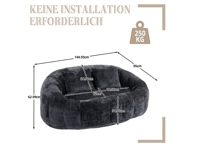  Fauteuil poire 145x95x63 cm à dossier haut en chenille noir  - Conforama E