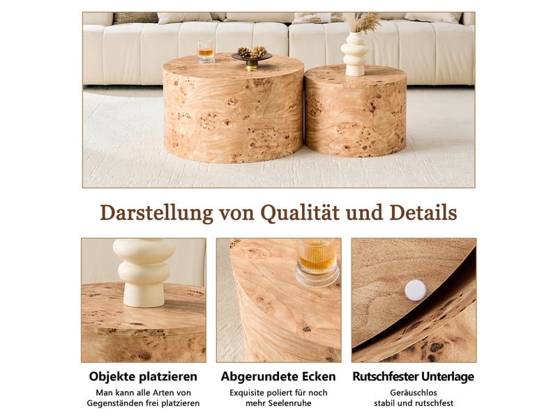  Lot de 2 tables basses gigognes rondes, avec rangement intégré, ø 62,844 cm, h 3529 cm, beige doré à motif, rangement intérieur, pour salon Luxe haut de gamme - Conforama E