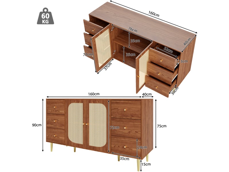  Buffet 160x40x90cm, meuble de rangement, 6 tiroirs, 2 portes battantes en rotin, poignées, 6 pieds, mdf, brun  - Conforama C