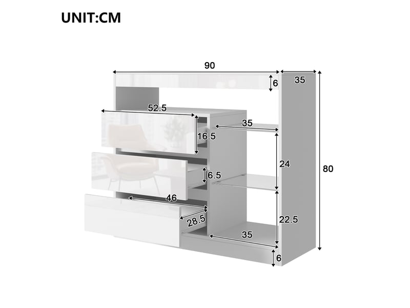  Buffet blanc brillant 3 tiroirs avec led et étagères en verre pour salon ou chambre, 90 x 35 x 80 cm  - Conforama C