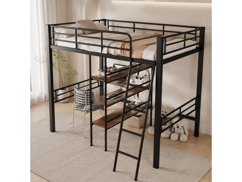  Lit mezzanine 90x200 cm en métal, lit simple avec bureau, étagères, échelle et garde-corps, sans matelas, noir  - Conforama C
