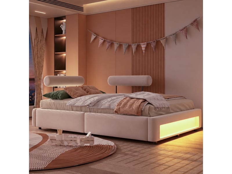 Lit double capitonné 140x200 cm à dossiers réglables et led, velours beige - Conforama C