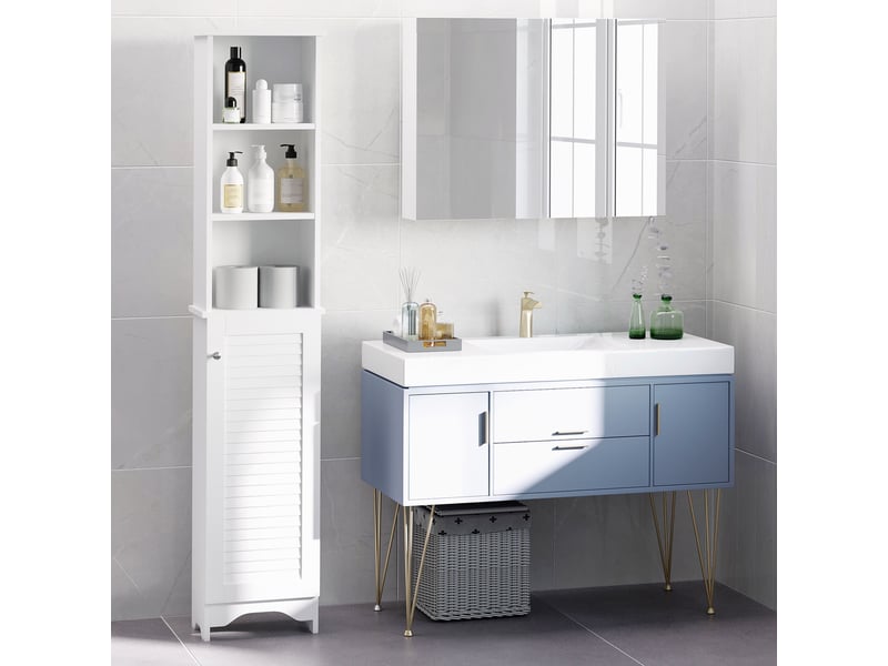  Colonne de salle de bain avec étagère à 3 niveaux et placard fermé, en mdf et aggloméré, 34 x 20 x 165 cm, blanche  - Conforama D