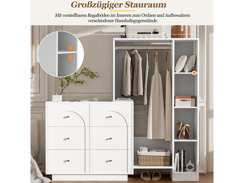  Armoire ouverte avec penderie, 6 tiroirs et étagères latérales pour chambre en panneaux de particules 139×35×133 cm  - Conforama E