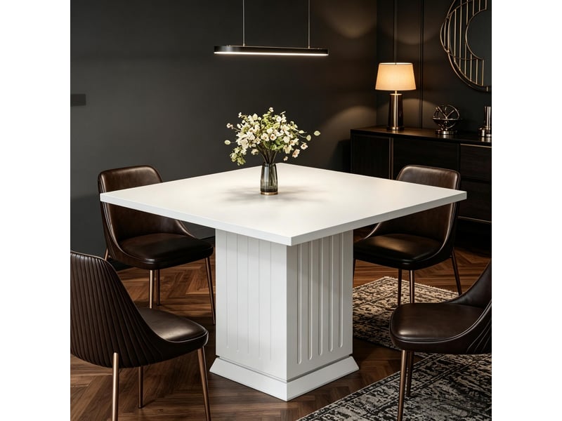 Table de salle à manger pour 4 personnes avec plateau carré et base en bois pour cuisine et salle à manger, blanche - Conforama E