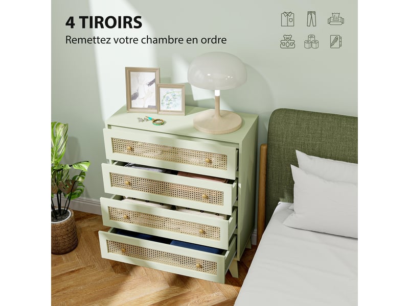  Commode 4 tiroirs meuble de rangement cannage en rotin aspect bois clair vert 80 x 35 x 95 cm  - Conforama E