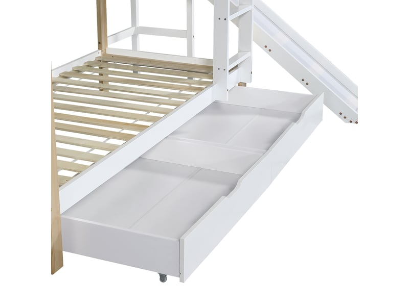 Lit superposé cabane 90x200 cm avec toboggan, 2 tiroirs, lit enfant en pin blanc et naturel, sans matelas  - Conforama R