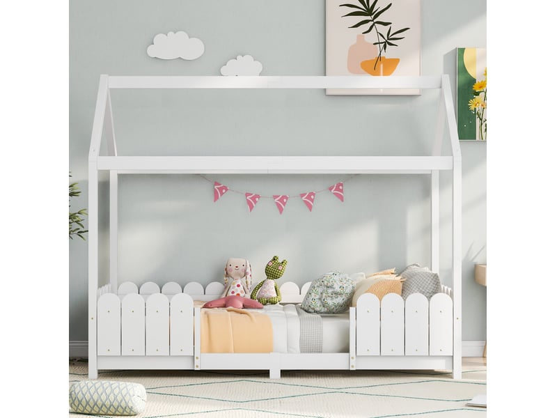  Lit cabane enfant 90 x 200 cm blanc, bois de pin et mdf avec barrière de sécurité et sommier à lattes  - Conforama B