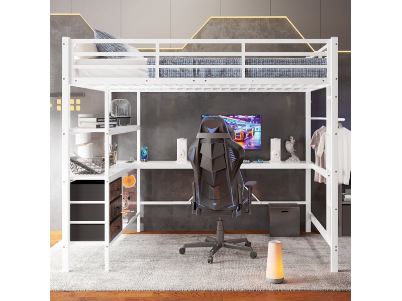  Lit mezzanine 140 x 200 cm, bureau, éclairage led, prises+usb, 3 tiroirs, garde-corps, métal mdf, blanc sans matelas  - Conforama E