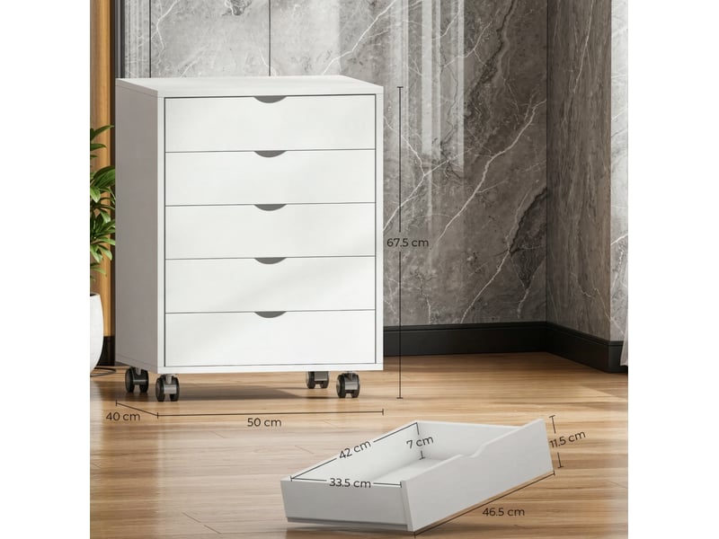  Caisson de bureau mobile 5 tiroirs 50x40x67,5 cm – blanc – rangement pour documents et fournitures  - Conforama C