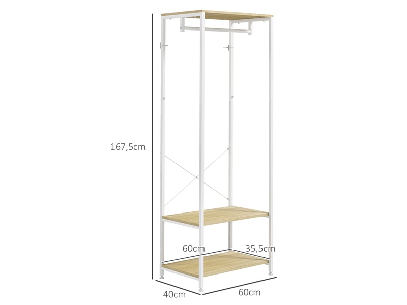  Porte-manteaux avec tringle et 2 étagère à chaussures 60l x 40l x 167,5h cm aspect bois clair métal blanc  - Conforama E