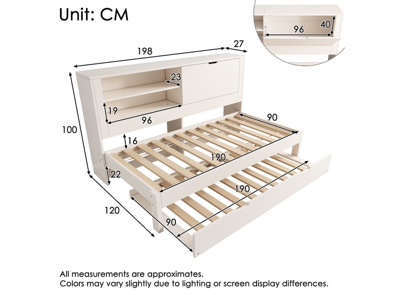  Sofa-lit 90x190 cm avec lit gigogne 90x190 cm, cadre bois blanc avec rangement arrière, niches ouvertes, rangements dissimulés, station de charge usbusb-c, sans matelas ORFRAB30708901W - Conforama C