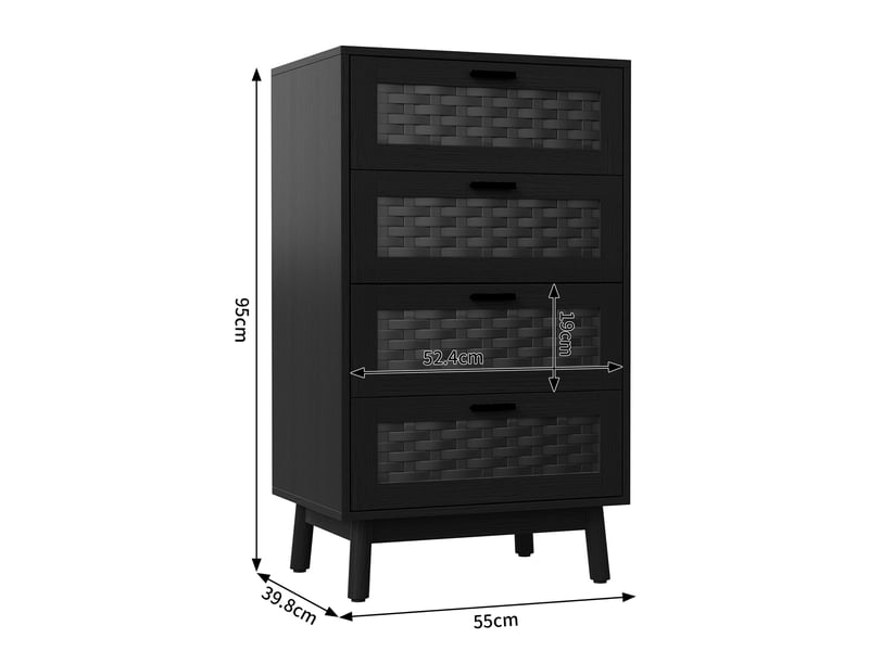Commode en rotin à 4 tiroirs, meuble de rangement avec système anti-basculement, poignées et pieds, commode en bois pour chambre, bureau, 55x40x95 cm - Conforama C