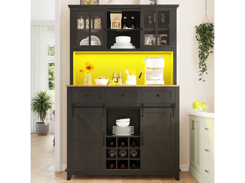 Armoire de cuisine avec led buffet haut noir vaisselier avec portes en verre 105x180cm  - Conforama E