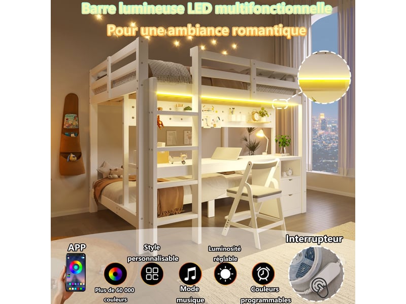  Lit mezzanine avec bureau 90 x 200 cm et rangement à tiroirs bureau intégré pin fixation murale à panneaux perforés éclairage led structure mezzanine  - Conforama D