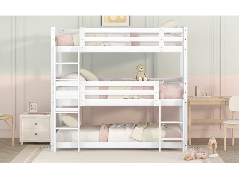 Lit superposé enfant 3 places 90×200 cm avec 2 échelles et barrières - sans matelas, bois blanc - Conforama E