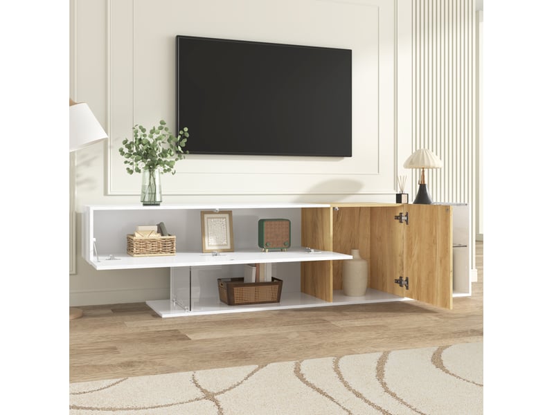  Meuble tv 180x38x48cm avec 2 portes, design à veines de bois, panneaux de particules, couleur naturel et blanc  - Conforama C