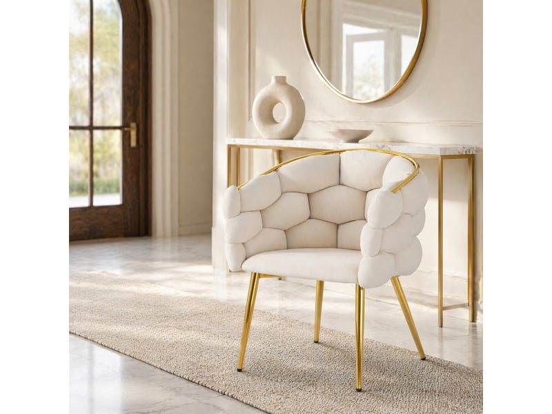  Lot de 6 chaises de salle à manger en velours beige avec pieds en fer doré  - Conforama D
