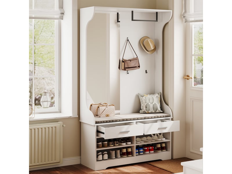  Vestiaire d'entrée - 104x35x180cm - avec grand miroir, 4 patères, tringle, banc coussinné et meuble à chaussures - blanc  - Conforama C