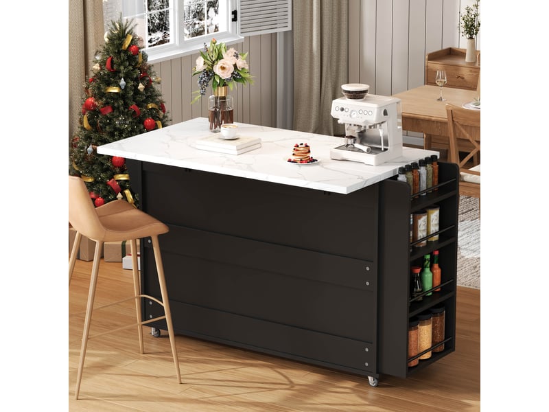  Îlot de cuisine sur roulettes avec plateau rabattable, desserte de rangement avec portes en verre et tiroirs, noir, 138x70x90 cm  - Conforama R