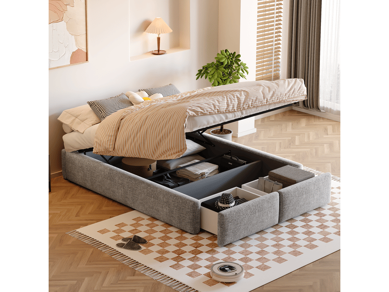  Lit capitonné 140*200cm gris, relevage hydraulique, 2 tiroirs, sans matelas, sans tête de lit  - Conforama E