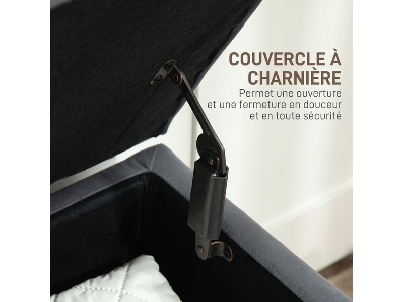  Banc coffre de rangement 2 en 1 banquette en velours avec pieds en bois et couvercle à charnière capitonné, gris foncé  - Conforama E