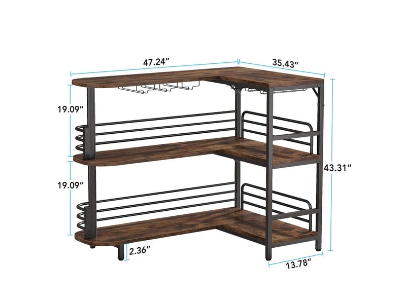 Bar en l 120x90x110 cm à trois niveaux avec 6 supports pour verres à pied métal panneau de particules noir marron rustique  - Conforama E