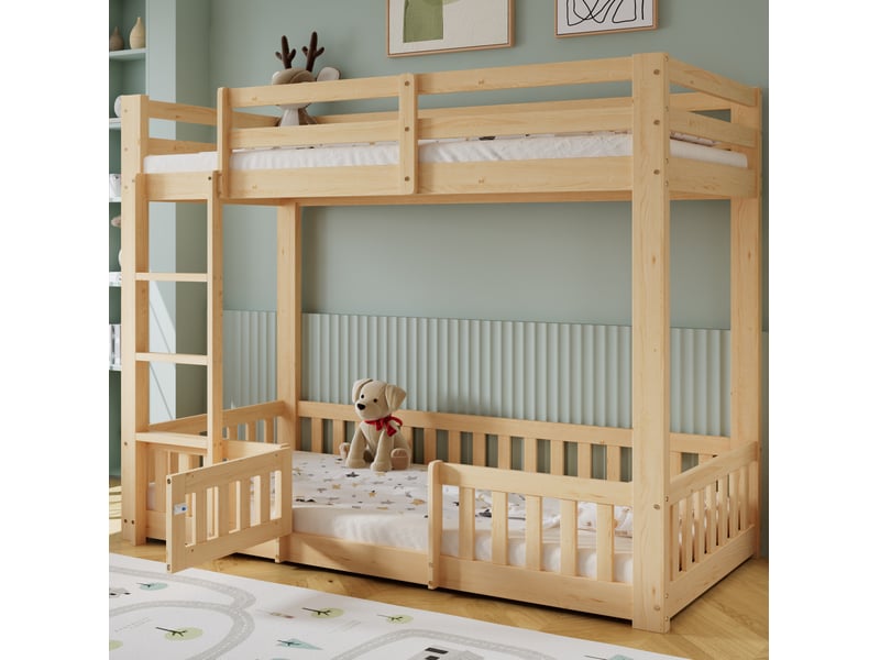  Lit mezzanine enfant 90 × 200 cm 1 place avec escalier, barrières et porte, sans matelas, en pin naturel  - Conforama B