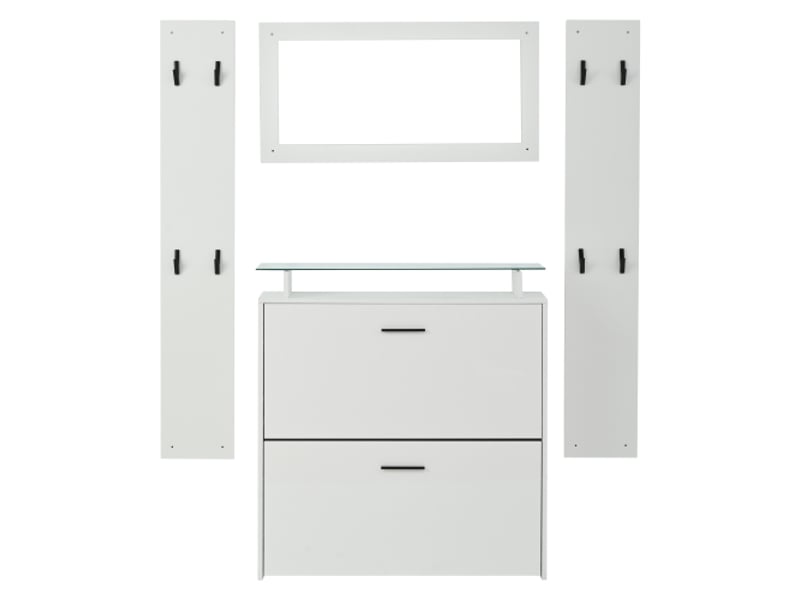 Vestiaire 4 pièces avec miroir – 2 étagères à chapeaux, meuble chaussures blanc laqué, porte-manteaux, 8 crochets - Conforama A