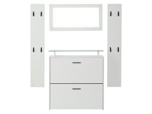 Vestiaire 4 pièces avec miroir – 2 étagères à chapeaux, meuble chaussures blanc laqué, porte-manteaux, 8 crochets