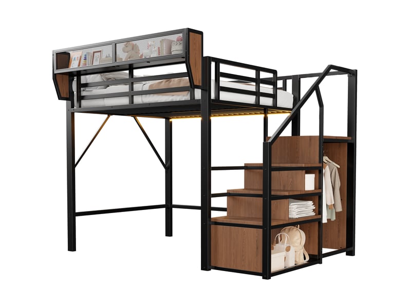  Lit mezzanine 140x200 cm en métal avec led, échelle de sécurité et étagères, noir  - Conforama A