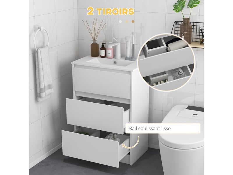 Meuble lavabo blanc brillant 61 cm avec vasque intégrée et 2 tiroirs - Conforama R