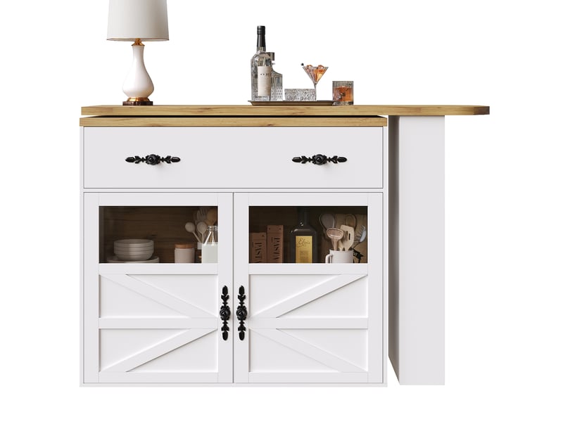  Ilot cuisine, buffet de cuisine avec rangements intégrés, plateau extensible, pivotant à 360°, dimensions 138 à 204 x 39 x 104 cm, mdf, blanc  - Conforama A