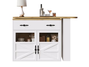 Îlot de cuisine 138 à 204 x 39 x 104 cm avec 1 tiroir, étagère latérale à 3 niveaux et tablettes réglables, plateau pivotant, mdf, blanc