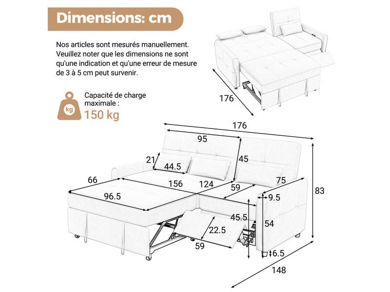  Canapé convertible 3 places 176x148x83 cm en chenille marron clair  - Conforama C