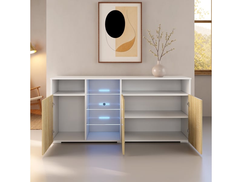  Buffet de salon bas 3 portes avec led | 150x70x35cm | meuble de rangement | modèle clark | Blanc et sonoma Clark - Conforama D