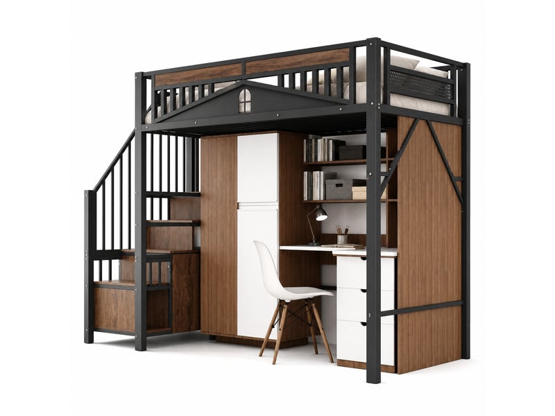 Lit mezzanine 200×90 cm avec rangements dans les marches, placard et garde-corps à fenêtre, en métal et bois noir - Conforama A