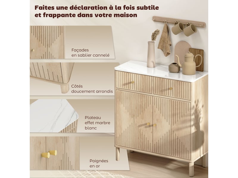 Buffet, meuble de rangement cannelé avec plateau effet marbre, 2 tiroirs, 2 portes, étagère réglable, chêne, 77x30x80cm - Conforama A