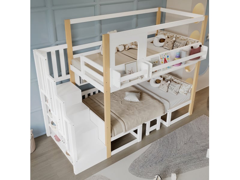  Lit superposé enfant 90x200 cm blanc et naturel avec bureau rabattable  - Conforama D