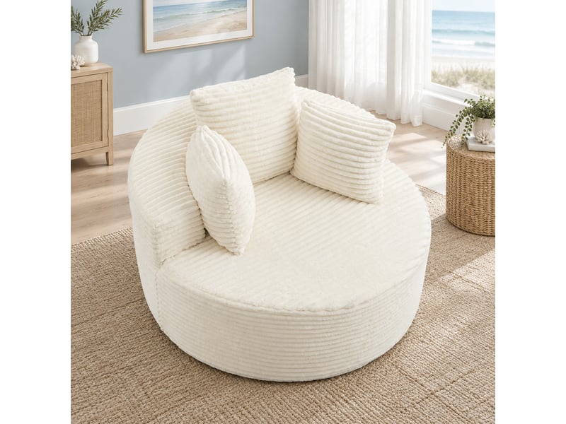 Fauteuil rond 110 cm en velours côtelé avec 3 coussins beige chicfurn - Conforama B
